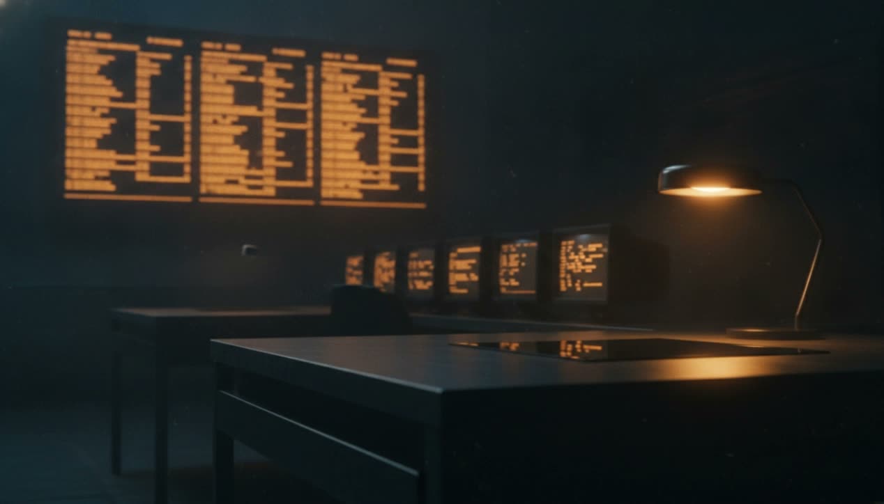 A dark terminal room with an amber departures board
